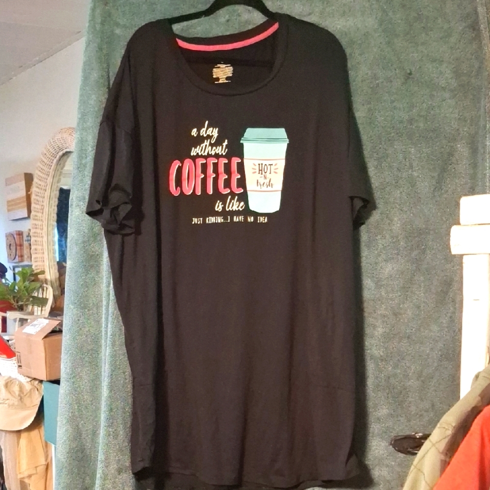 Black Graphic Pajama T-Shirt with Coffee Print